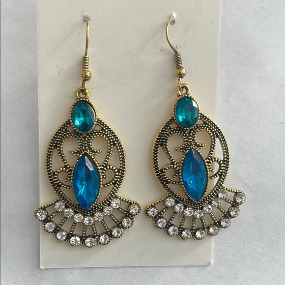 Gold and Blue Rhinestone Dangle Earrings NIP - Picture 1 of 1